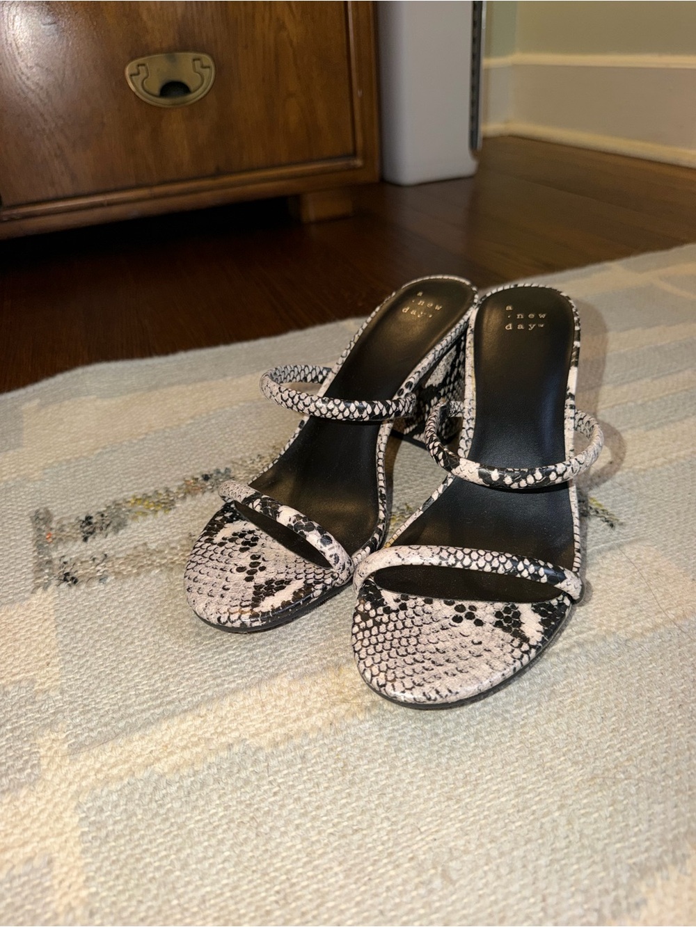 a new day Snake-Print Strappy Heeled Sandals in Black & White